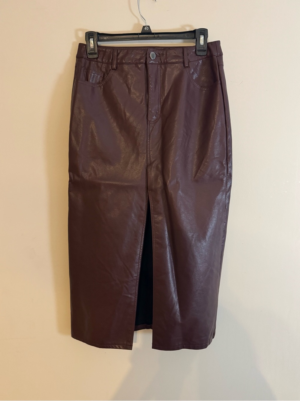 Chocolate Brown Faux Leather Midi Pencil Skirt Women’s Size Small